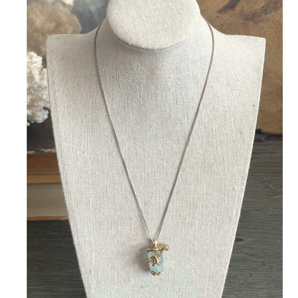 Aquamarine Pendant Necklace Sterling Silver 925 Gold Vermeil Leaf Branch 17" - Picture 2 of 10